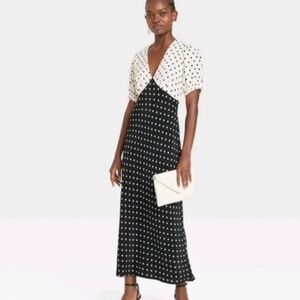 chinese dress ladies Boho Black and White Satin Puff Sleeves Maxi Polka Dot Dress with Slit